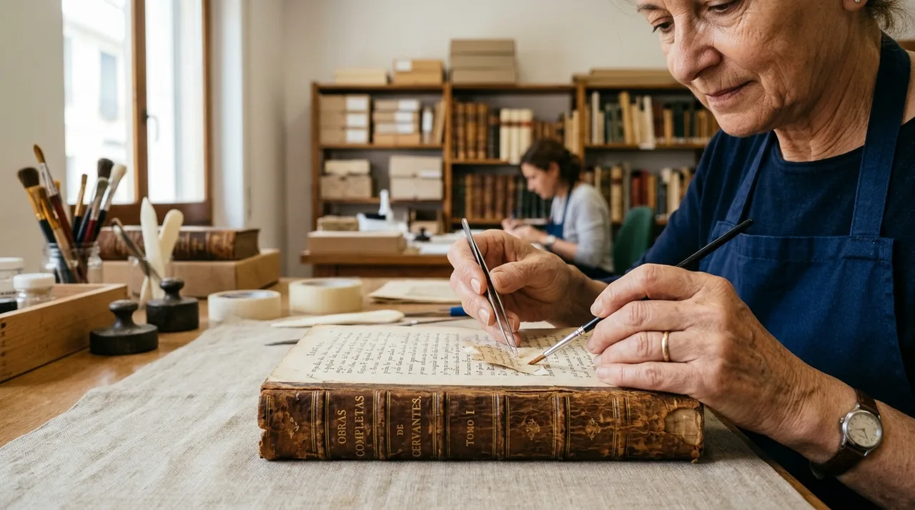 Geste de précision pour la restauration manuelle d'un feuillet ancien à l'Hispanothèque