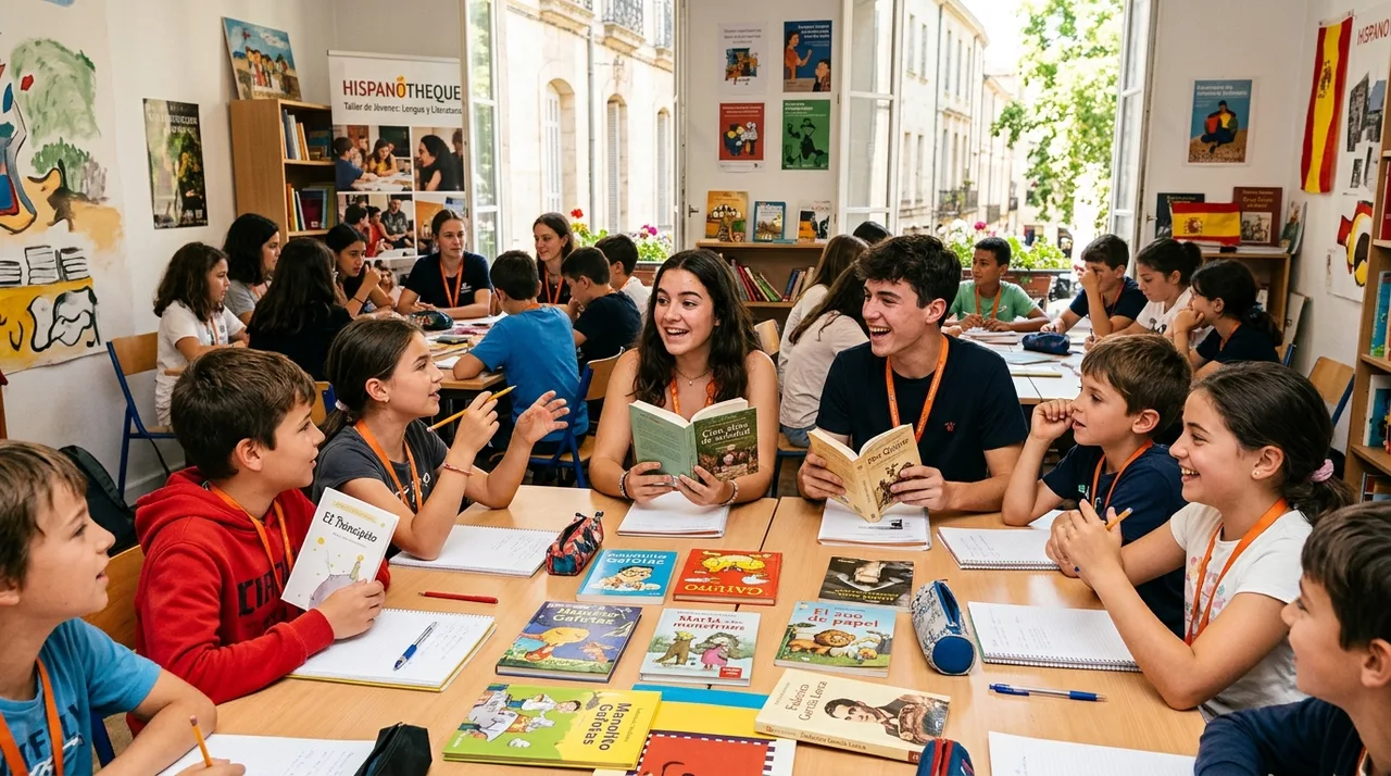Participants engagés dans un atelier de lecture et de traduction au sein de l'Hispanothèque